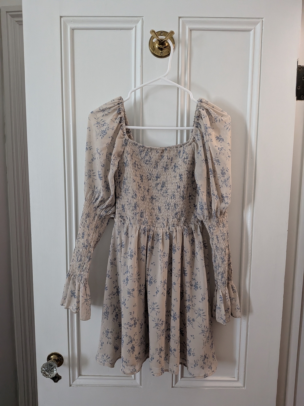 Girls Cream Floral Smocked Dress with Blue Print